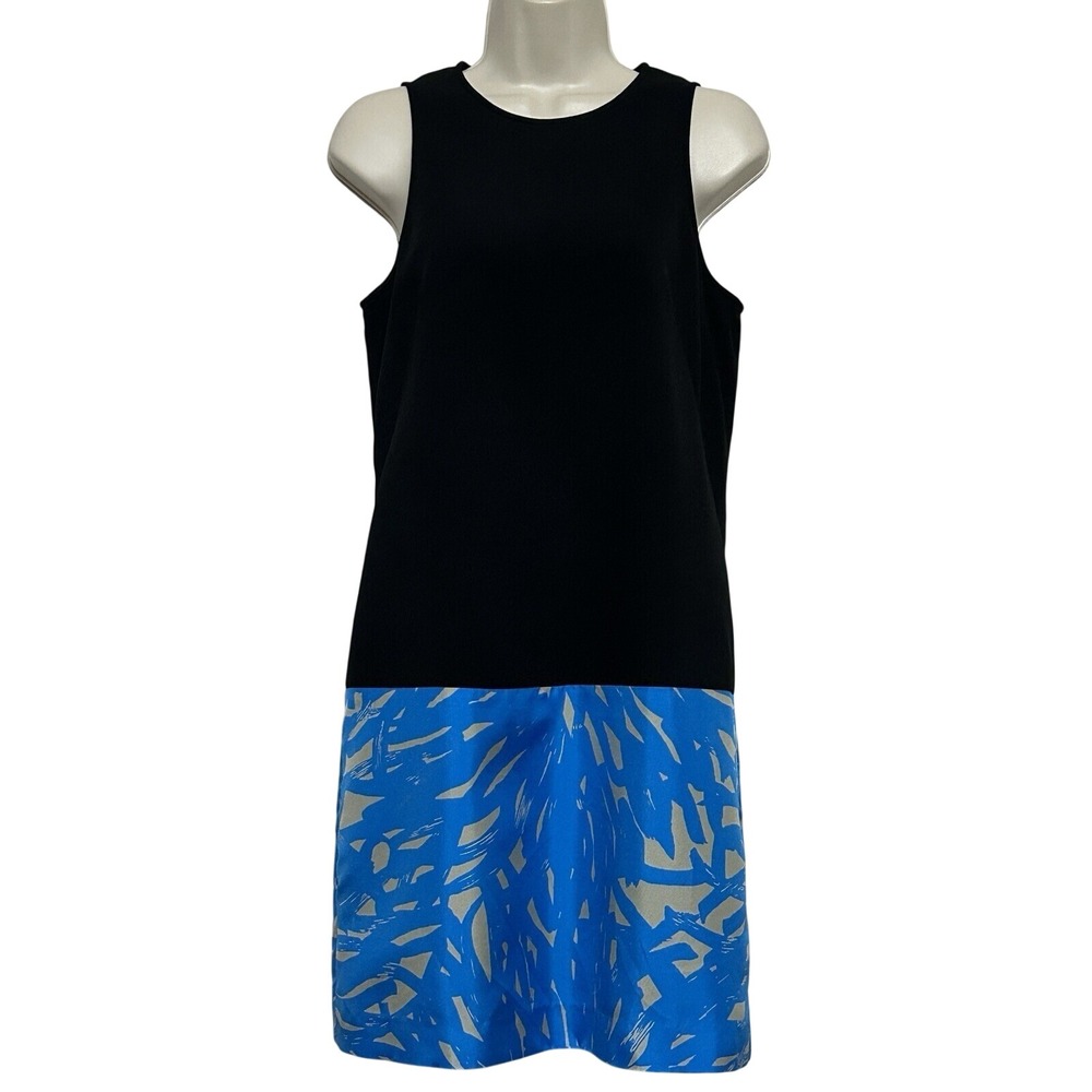 4C Anthropologie Womens Dress 6 Black Blue Abstract Silk Shift Modern Retro Mod